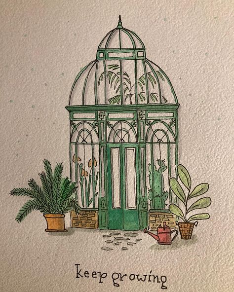 How To Draw A Greenhouse, Green House Sketch, Greenhouse Drawing Simple, Greenhouse Doodle, Green House Tattoo, Green House Drawing, Urban Sketching Watercolors, Garden Drawing Simple, Greenhouse Drawing