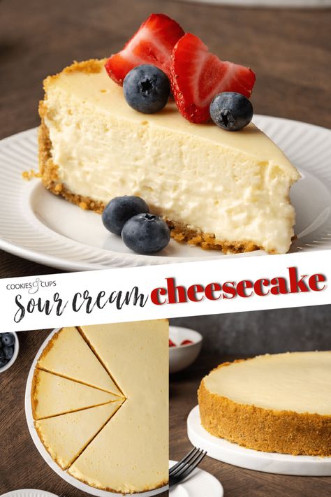 This classic Sour Cream Cheesecake recipe is the ultimate effortless dessert. Indulge in a slice that’s light, rich, and creamy all at once! Cake Recipe With Sour Cream, Cream Cheese Cake Recipes, Cream Cheese Cheesecake, Creamy Cheesecake Recipe, Sour Cream Desserts, Sour Cream Cheesecake, Cheesecake Recipes Classic, Cream Cheesecake, Sour Cream Recipes