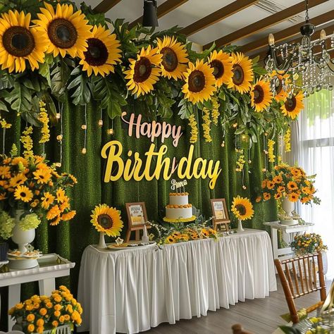 Sunflower Bday Theme, Diy Large Sunflowers, Sunflower 50th Birthday Party, Sunflower Party Theme Birthday, Graduation Party Ideas Flower Theme, Sunflower Bday Party Ideas, Sweet 16 Sunflower Theme, Yellow Sweet 16 Party Ideas, Grandma Party Ideas