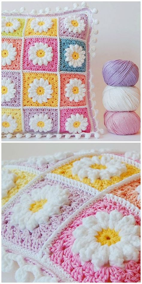 This Crochet Daisy Granny Square Blanket Free Pattern is gorgeous and it will be perfect for cushions, blankets, bags and more. It will take on a different look and feel dependent on your color combination choices. It has a wonderful texture and we have included a very helpful video tutorial to show how. #crochet #aboutcrochet #crochetstitches #crochetpatterns #crochettutorial #freecrochetpattern #crochetgrannysquare #crochetdaisyblanket Daisy Granny Square Pattern, Crochet Daisy Granny Square, Motif Kait, Daisy Granny Square, Granny Square Haken, Granny Square Pattern, Crochet Cushion Cover, Mode Crochet, Crochet Granny Square Blanket