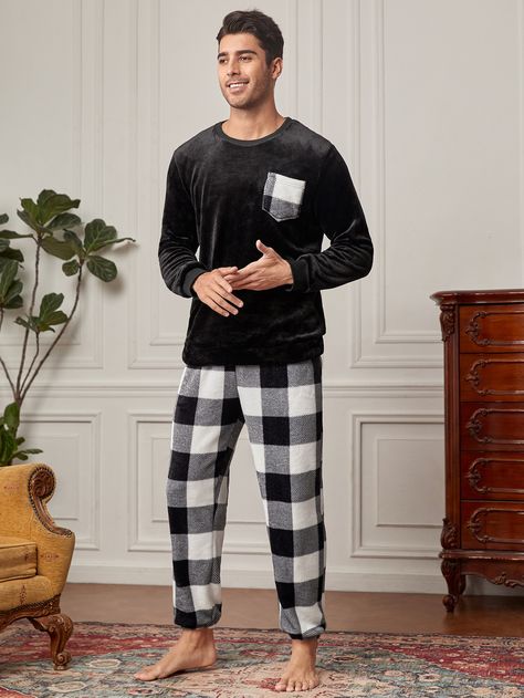 Black and White  Collar Long Sleeve  Gingham,Plaid Pajama Sets Embellished Non-Stretch Winter Men Loungewear Mens Christmas Party Outfit, Pajamas Aesthetic, Men Loungewear, Party Outfit Men, Pajama Fashion, Christmas Party Outfit, Halloween Pajamas, Mens Sleepwear, Plaid Pajamas