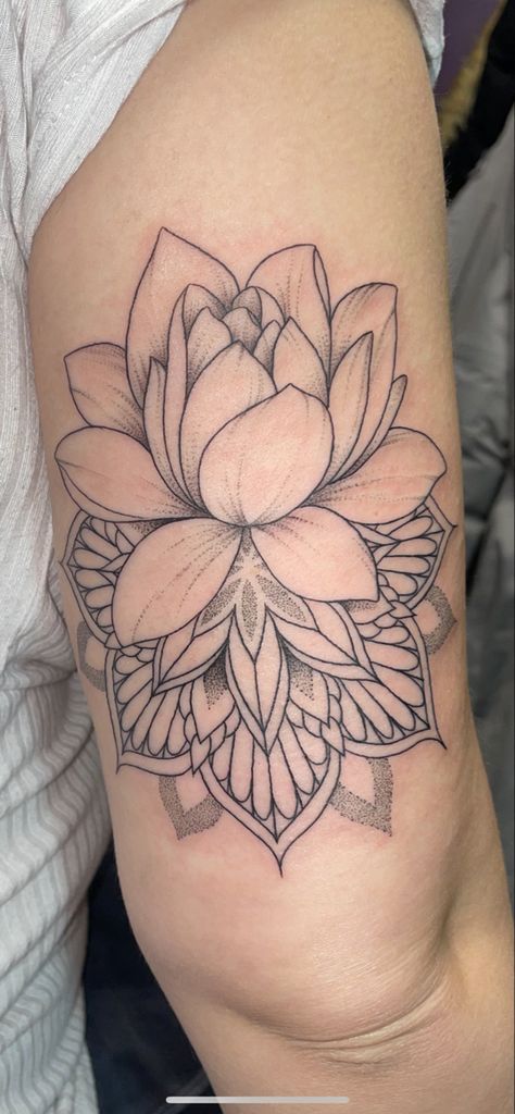 Lotus Tattoo Shoulder Cap, Lotus Flower And Mandala Tattoo, Lotus And Orchid Tattoo, Lotus Floral Tattoo, Lotus Flower Throat Tattoo, Lotus Half Sleeve Tattoo, Lotus Flower Tattoo Forearm Sleeve, Mandala Lotus Tattoo Design Women, Lotus Flower Sleeve Tattoo For Women