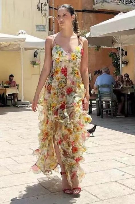 Women Summer Floral Dress 3 Colors Sleeveless V Neck Split Long Soft Comfortable Going Out Holiday فستان زهري, Summer Floral Dress, Elegant Evening Dress, Long Evening Dress, Floral Print Midi Dress, Organza Fabric, Evening Dresses Elegant, Floral Dress Summer, Polyester Satin