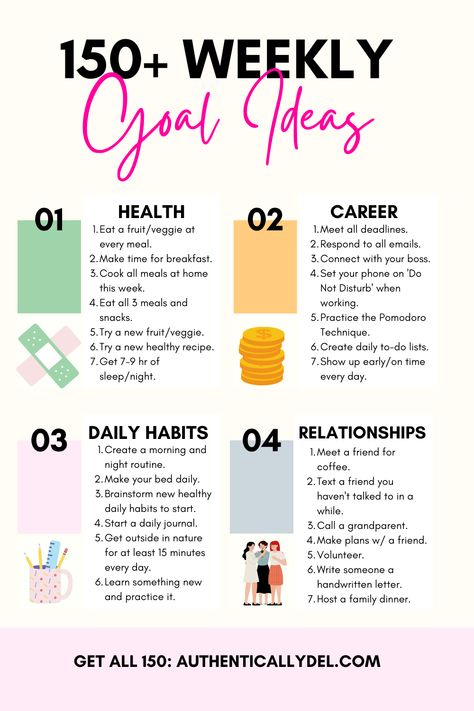 weekly goal ideas Goals Inspiration Ideas, Personal Goals List, Goal Ideas, Goals 2024, Goals List, Goals Ideas, Life Goals List, Goal Examples, Week Schedule