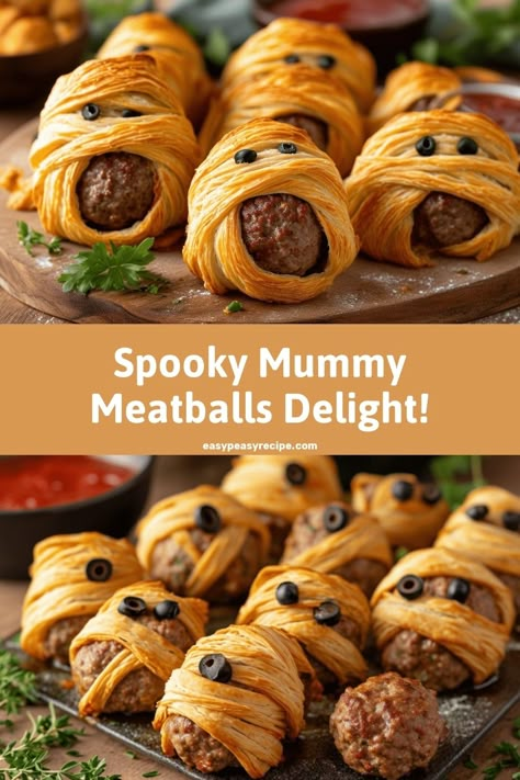 Halloween Mummy Meatballs Recipe: Easy and Spooky Party Appetizer Halloween Mummy Appetizers, Meatball Mummy Crescent Bites, Halloween Mummy Meatballs, Halloween Meatball Ideas, Mummy Meatballs Halloween Foods, Kid Halloween Dinner Ideas, Halloween Recipes Lunch, Halloween Family Dinner Ideas, Easy Halloween Recipes Dinner