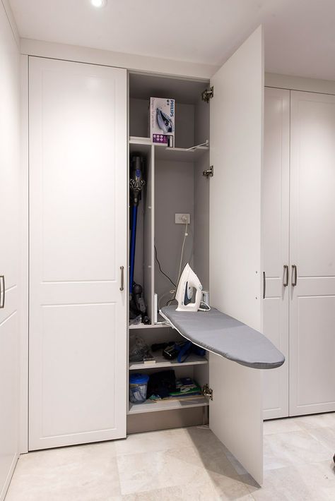 Iron Board Laundry Room, Cabinet With Ironing Board, Iron In Closet, Iron Cabinet Design, Ironing Room Ideas, Wash Machine Cabinet, Iron Board Cabinet, Washing Room Ideas, Laundry Cabinet Ideas