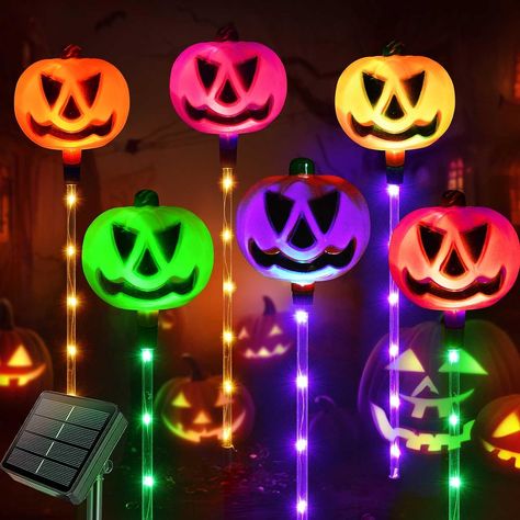 These Pumpkin Stake Lights Are Actually Pretty and Spooky, Give Off Whimsical Touch to Halloween Display for Pathway, Walkway, Driveway, Front Porch, Yard, Garden and Lawn. Easily Line a Walkway in Several Minutes. Pumpkin Pathway, Halloween Exterior, Halloween Solar Lights, Outside Halloween Decorations, Halloween Lighting Outdoor, Lantern Pumpkins, Halloween Decorations Outdoor, Light Up Pumpkins, Pathway Lights