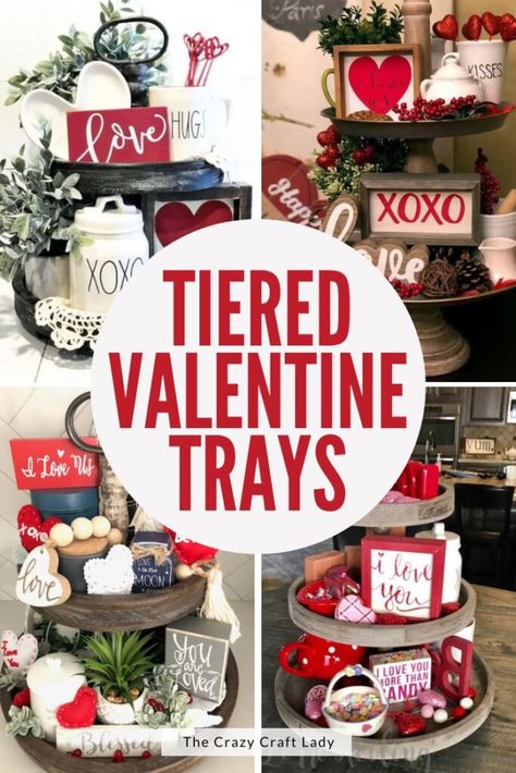 Tiered Valentine Trays Decorating Trays Ideas, Diy Valentine Decor, Diy Tray Decor, Tiered Tray Ideas, Christmas Tray Decor, Rustic Valentine Decor, Valentines Door Hanger, Valentines Gift Bags, Rustic Valentine