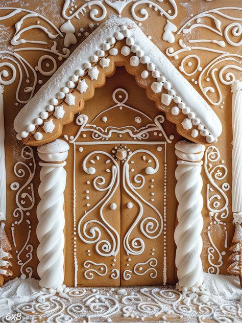 Elegant Gingerbread House Door Backdrop - Beautifully decorated gingerbread house door backdrop featuring intricate white icing designs Vintage Gingerbread House Illustration, Cool Gingerbread House Designs, Gingerbread House Inside, Gingerbread House Icing Design, Gingerbread House Inspo Aesthetic, Whimsical Gingerbread House, Gingerbread Christmas Aesthetic, Gingerbread Building Ideas, Ginger Bread House Decor Ideas