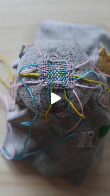 Arounna Khounnoraj on Instagram: "Using multiple colours to create a weave mend is a nice way to add more variations. This may look tedious but it goes quickly if each colour is threaded on it’s own needle. Underneath is our wood darning 🍄 - I find it easier to darn with a mushroom under the hole 
#visiblemending #weaving 

🎶by my son @l.liamb 🧡" Darning A Hole, Darning Mushroom, Visible Mending, Multiple Color, My Son, Find It, Hand Sewing, To Create, Stuffed Mushrooms