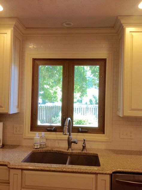 Tiles Around Window, Tile Around Kitchen Window, Tile Backsplash Around Window, Tile Around Window, Biscuit Color, Above The Sink, Kitchen Tile, Window Trim, Kitchen Reno