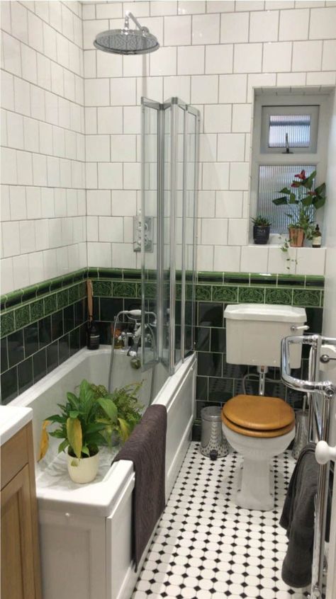 Small Edwardian Bathroom, Edwardian Style Bathroom, Victorian Tiled Bathroom, Tiled Bathroom Ceiling, Victorian Tile Bathroom, Dark Tiles In Bathroom, Green Victorian Bathroom, Edwardian Bathroom Ideas, Small Victorian Homes Interior