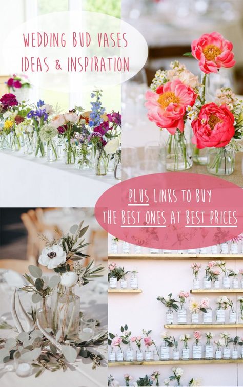 Wedding Bud Vases Ideas & Inspiration - UK Wedding Styling & Decor Blog - The Wedding of My Dreams Peony Wedding Table Decor, Round Table Centerpieces Wedding Bud Vases, Small Vase Decorating Ideas, Bud Vases And Candles Centerpiece, Diy Bud Vases, Wedding Bud Vases, Small Vase Centerpiece, Soft Romantic Wedding, Bridesmaids Brunch