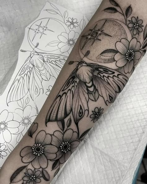 Feminine Cover Up Tattoos For Women, Colored Forearm Tattoo Women, Flower Cover Up Tattoo Before And After, Feminine Half Sleeve Tattoo Forearm, Black Moth Tattoo, Moth Tattoos For Women, Floral Moth Tattoo, Moth Mandala, Black And White Tattoo