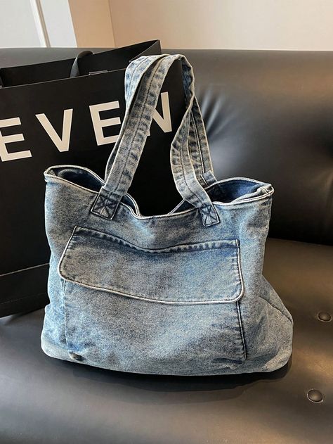 Large -Capacity Gradient Todot Bag Shoulder Bag Blue Casual   Polyester Colorblock Shoulder Tote Bag   Women Bags, size features are:Bust: ,Length: ,Sleeve Length: T Shirt Upcycling Diy, Kids Snow Boots, Denim Tote Bags, Diy Tote Bag, Patchwork Bags, Jeans Bag, How To Make Handbags, Denim Bag, Shoulder Tote Bag