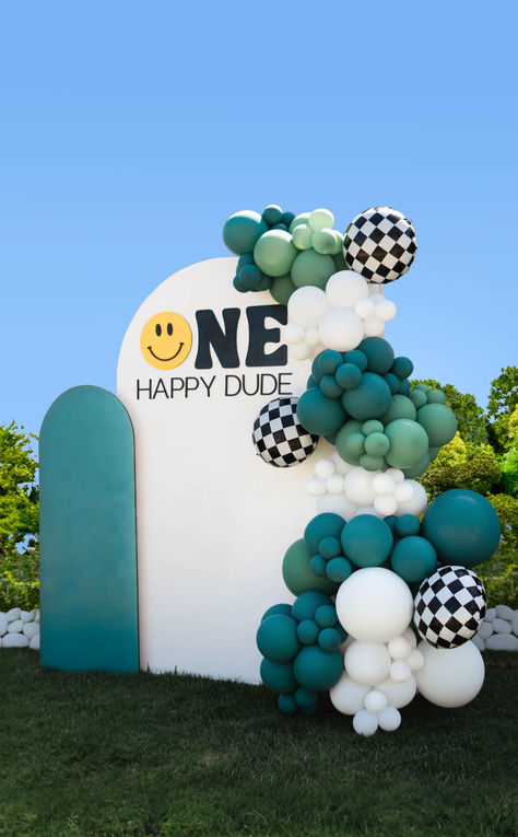 One Cool Dude Balloon Garland, One Cool Dude Backdrop, One Happy Dude First Birthday Theme, Smiley Face Baby Shower Theme, One Happy Dude Balloons, One Happy Dude Decor, Blue One Happy Dude Birthday, One Happy Dude Blue Theme, One Happy Dude Birthday Decorations