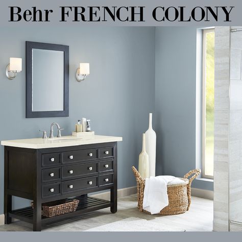 Behr Blue Gray Paint Colors Bedrooms, Behr French Colony Paint, Behr Blue Gray Paint Colors Bedroom, Blue Grey Bathroom Paint, Blue Painted Bathroom Walls, Blue Grey Bathroom Walls, Behr Blue Willow, Slate Blue Bathroom Walls, Smokey Blue Bathroom