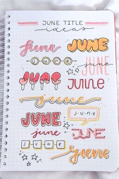 If you're looking a way to start of your bullet journal spreads and pages for June, check out these collection of June-themed headers and titles for inspiration! Journal Headers, June Bullet Journal, Bullet Journal Titles, Bullet Journal Headers, Bullet Journal Font, Journal Fonts, 15 June, Hand Lettering Inspiration, Bullet Journal Aesthetic