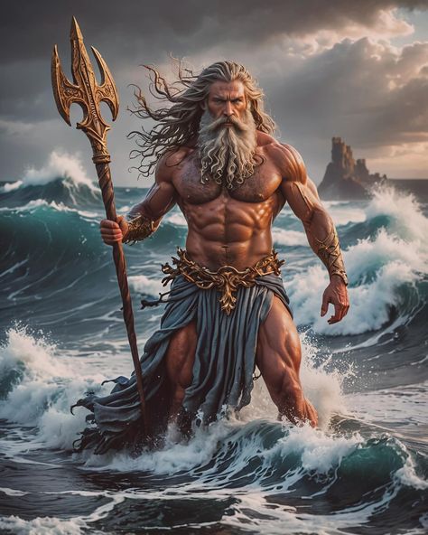 Poseidon is the Greek god of the sea, storms, earthquakes, and horses. Known as the “Earth-Shaker,” he wields a powerful trident that can stir the seas and cause earthquakes. Poseidon is one of the twelve Olympian gods, and he is the brother of Zeus and Hades. Often depicted as a bearded figure riding a chariot drawn by horses, he is both revered and feared for his temperamental and unpredictable nature. #GreekMythology #Poseidon #GodOfTheSea #Mythology #aiart #aiartwork #aiartcommunity #aia... Long White Hair, Fantasy Book Covers, Roman Gods, Fantasy Posters, Legends And Myths, Greek Mythology Art, Vintage Mermaid, Roman Mythology, Fantasy Story