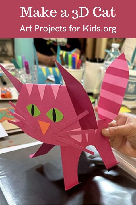 Learn how to make a 3D paper cat and add a little lesson in sculpture too!  Learning how to make a 3D paper cat needn’t be a tricky thing to do.   This paper craft pattern and directions have been polished over many years to make this an easy project for all ages. 3d Art For Kindergarten, 3d Cat Craft, 3d Art Projects For Elementary Students, Cat Art Projects For Kids, Van Gogh Coloring, Collaborative Mural, 3d Art Projects, Paper Cat, Art Projects For Kids