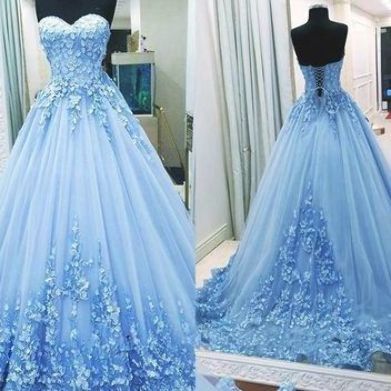 Big Tulle Prom Dress, Non Puffy Quinceanera Dresses, Baby Blue Ball Gown Prom Dress, Light Blue Pageant Dress, Blue Poofy Prom Dresses, Light Blue Prom Dress Poofy, Sky Blue Prom Dress Cinderella, Light Blue Ball Gowns, Light Blue And Silver Wedding Dress