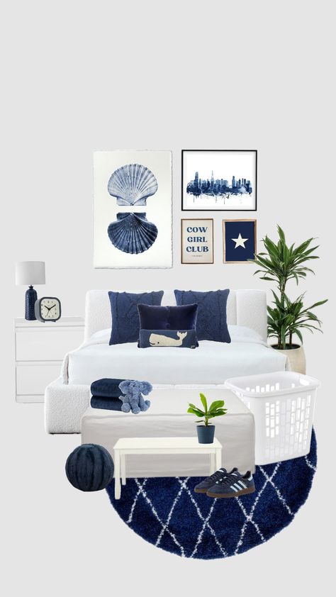 Navy blue room 🐋 #roominspo #navyblue #adidasspezial #beach #rooms White Navy Blue Bedroom, White Bedroom Navy Accents, Navy White Bedroom Ideas, Navy Gold White Bedroom, Navy Blue Decor Bedroom, Navy Room Inspiration, Dark Blue Aesthetic Room Decor, Beach Aesthetic Bedrooms, Navy Blue Cream Bedroom