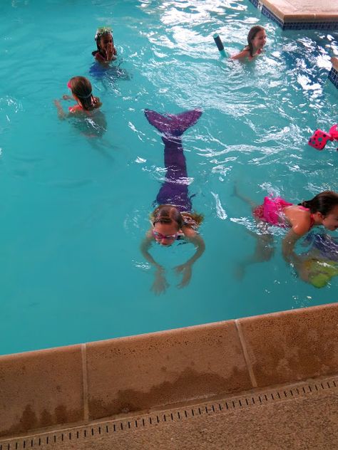 Mermaid party: We used an indoor pool at local a hotel since the party was for a winter birthday. Indoor Pool Birthday Party, Indoor Pool Party, Hotel Pool Party, Mermaid Hotel, Hotel Birthday Parties, Mermaid Swim, Mermaid Pool Parties, Hannah Grace, Winter Birthday Parties