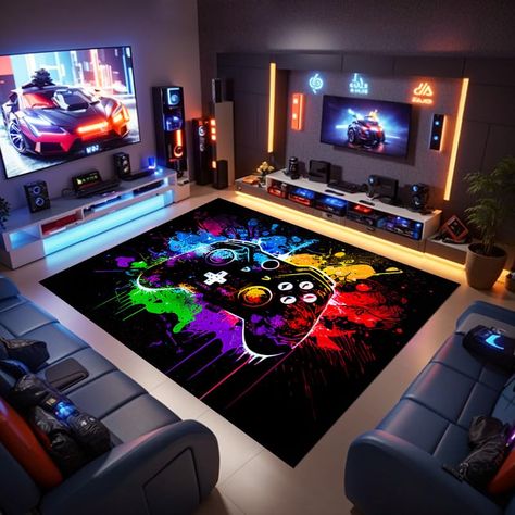 Couples Gaming Room Setup Cozy, Farmhouse Gameroom, Gaming Basement, Dj Bedroom, Game Room Inspiration, Gaming Rug, Gamer Rug, Game Rug, Gamer Bedroom