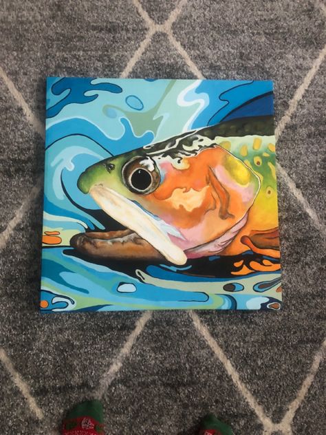 Trout Painting Acrylic Easy, Acrylic Trout Painting, Trout Painting Acrylic, Watercolor Acrylic Painting, Fish Paintings Acrylic, Bass Fish Painting, Acrylic Fish Painting, Colorful Fish Painting, Fish Canvas Painting