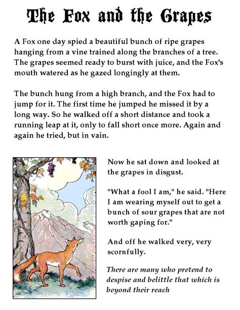 Fox and the Grapes page audio http://etc.usf.edu/lit2go/35/aesops-fables/395/-the-fox-and-the-grapes/ Small English Story, Grape Tattoo, English Moral Stories, Child Guidance, Fable Stories, Phonics Readers, Free Short Stories, Short Moral Stories, Aesop's Fables