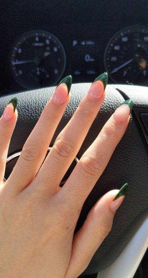 Hunter Green French Nails, Dark Green French Tips Almond, Evergreen Almond Nails, Forest Green Nails Almond Shape, Forest Green Tips Nails, Green Acrylics Almond, Evergreen French Tip Nails, Emerald Nails Acrylic Almond, Jade Green Almond Nails