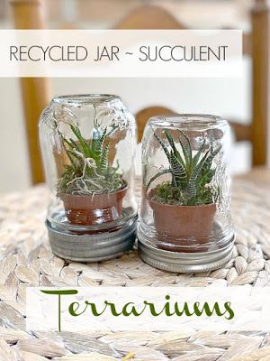 How to make a succulent terrarium using recycled jars. Reuse Mason Jars, Jar Upcycle, Repurposed Jars, Frosted Candle Jar, Reuse Jars, Jars Crafts, Mason Jar Terrarium, Crafts With Glass Jars, Recycled Jars