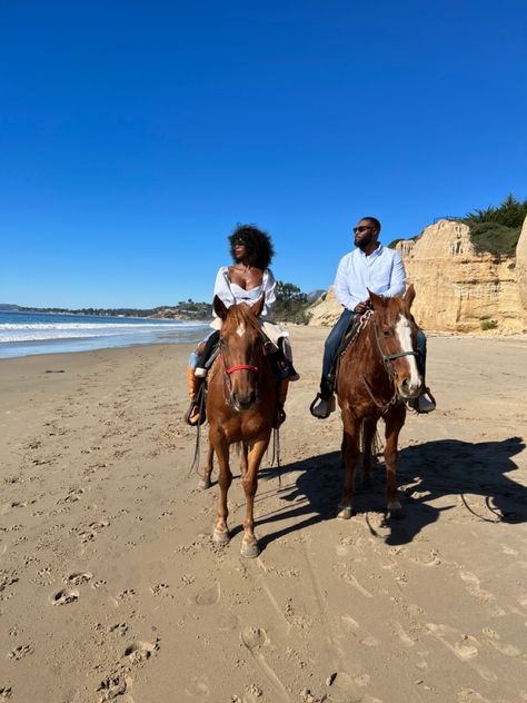 Black couples horseback riding, Santa Barbara, horses, beach Black Couple Vacations, Horses Beach, Couples Vision Board, Beach Horseback Riding, Couple Cruise, Luxury Couple, Country Couples, Couple Activities, Cute Date Ideas