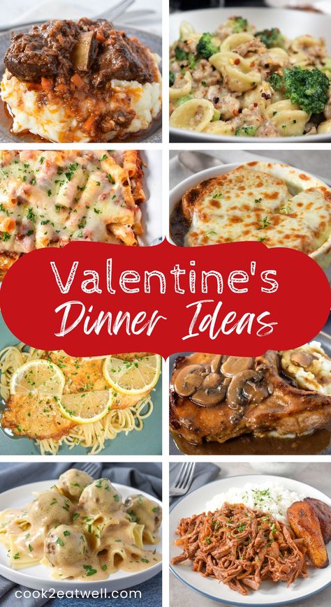 A collage of eight pictures of dishes featured in the article with a red graphic in the middle with the title written in white letters. What To Make For Valentines Dinner, Fun Family Valentines Dinner, Valentine Chicken Dinner, Valentine’s Day Banquet Ideas, Red Meals For Valentines Day, Valentine Meals For Two, Valentine’s Day Dinner At Home Ideas, Valentine’s Day Meals For Couples, Valentine’s Meal Ideas