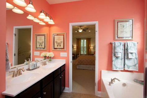 12 Fantastic Salmon And Black Bathroom Color Schemes Photos -  -  Check more at https://color-combination.com/12-fantastic-salmon-and-black-bathroom-color-schemes-photos/ Bright Bathroom Paint Colors, Bright Color Bathroom, Bright Bathroom Colors, Modern Bathroom Paint, Bright Colored Bathrooms, Modern Bathroom Colours, Coral Bathroom Decor, Coral Bathroom, Pastel Bathroom