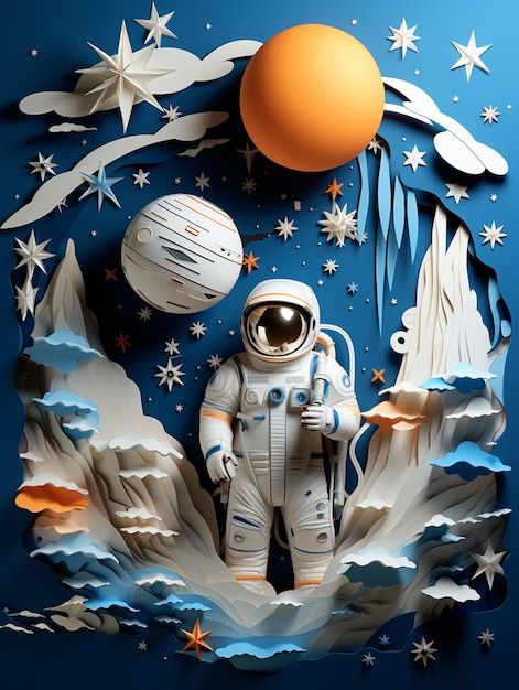 Hay un corte de papel de un astronauta y... | Premium Photo #Freepik #photo #espacio #papel #cortar #lanzadera Nerf Cake, Astronaut Theme, Engagement Stage Decoration, Astronaut Birthday, 3d Pictures, Space Pictures, Stage Decorations, Paper Cutout, Scrapbook Journal