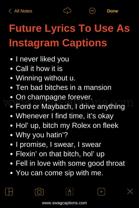 Future Rapper Captions Instagram, Rapper Quotes For Instagram, Future Captions Instagram, Rap Lyric Captions, Lyrics Bio For Instagram, Music Lyrics Captions, Future Lyrics Captions, Future Rapper Lyrics, Song Lyrics For Insta Notes