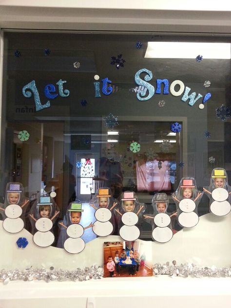 Preschool Toddler Let it Snow classroom door, bulletin board, window display Winter Window Decorations For Preschool, Winter Classroom Decorations Window, Let It Snow Window Display, Classroom Christmas Window Display, Christmas Window Display Daycare, School Christmas Window Display, Winter Theme Window Display, Preschool Christmas Window Display, Preschool Window Display