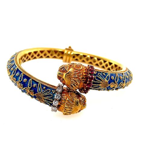 Ilias Lalaounis Gem Set Chimera Bangle Bracelet In 18K Gold & Enamel | Twain Time Lion Jewelry, Ruby Set, White Gold Set, Bangles Jewelry Designs, Jewelry Accessories Ideas, Gold And Blue, Dope Jewelry, Couture Jewelry, Lion Head