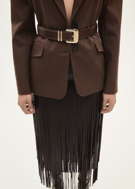 Faux-leather fringe skirt - Women | MANGO United Arab Emirates Fringe Skirt Outfit, Rich Girl Fashion, Midi Design, Feather Skirt, High Street Fashion, Brown Skirts, Fringe Skirt, Linen Jacket, Maxi Knit Dress