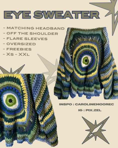 Crochet Clothes For Guys, Eye Sweater Crochet Pattern, Trendy Crochet Clothes Patterns, Croching Ideas Aesthetic, Crochet Eye Sweater Pattern Free, Crochet With Multi Colored Yarn, Evil Eye Crochet Sweater, Edgy Crochet Patterns Free, Emo Crochet Patterns