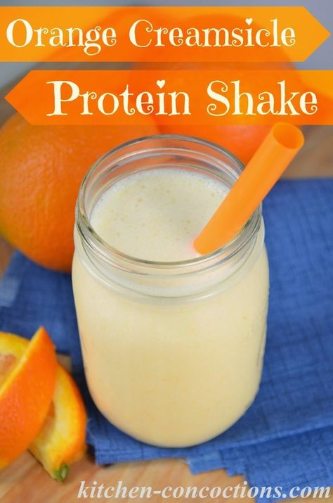 Orange Creamsicle Protein Shake - Kitchen Concoctions 310 Shake Recipes, Pancakes Protein, Premier Protein Shakes, Protein Shake Smoothie, Protein Smoothies, Protein Smoothie Recipes, Protein Powder Recipes, Healthy Shakes, Protein Shake Recipes