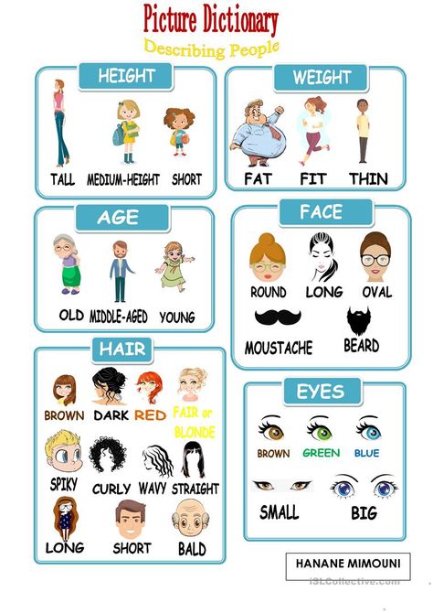 Picture Dictionary - Describing people - English ESL Worksheets for distance learning and physical classrooms Adjectives Describing People, Esl Describing People, Describing Words Activity, Describing Pictures Worksheet, Pictures To Describe In English, Physical Appearance Description, Describing People Worksheet For Kids, Describe The Picture Worksheet, Describing People Worksheet