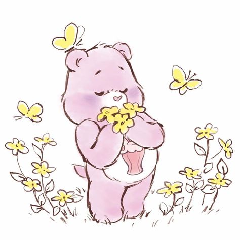 Care Bears Baby on Instagram: “Our little Share bear loves smelling all the new flowers outside! What are some of your favorite flowers this time of year? 💜💐✨ #Carebears…” Flowers Outside, Care Bear Tattoos, Care Bears Vintage, Care Bear Party, Care Bear Birthday, Care Bears Cousins, New Flowers, Bear Drawing, Bear Theme