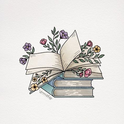 Books And Flowers Drawing, Bookstack Drawing, Book With Flowers Drawing, Books Drawing Aesthetic, Book Drawing Aesthetic, Bookworm Art, Books Drawing, Book Drawings, Etsy Stickers