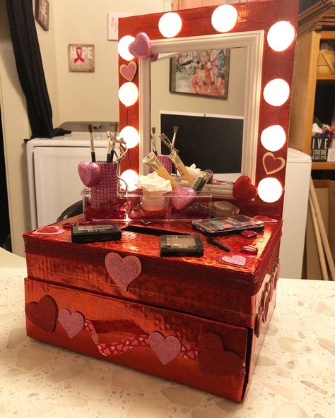 Vanity Valentines Boxes Diy, Light Up Valentines Boxes, Makeup Vanity Valentine Box Ideas, Vanity Valentine Box Ideas, Vanity Valentines Boxes, Unique Valentine Box Ideas, Makeup Vanity Box, Diy Furniture Repair, Valentine Card Box