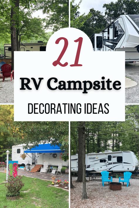 Looking for RV campsite decorating ideas?  Look no further!  RV camping is synonymous with outdoor living, so hanging out in cozy camping chairs around the campfire is the best place to be at the campground.  However, it can be difficult to find cute RV patio decorating ideas and accessories that are practical for camping and travel.  Read now for 21 RV campsite decorating ideas that will make your RV patio the talk of the campground (in a good way). Camping Decks Seasonal, Camp Yard Ideas, Disney Camper Decorations, Outside Camper Decor, Camping Yard Ideas, Campground Patio Ideas, Camper Deck With Gazebo, Full Time Rv Outdoor Space, Camping Trailer Outdoor Setup