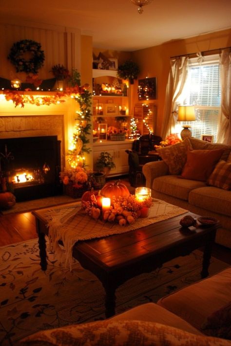 #halloween #preppy #roomdecorbedroom #decoration #fashion #aesthetic Cozy Old Fashioned Living Room, Candle Lit Living Room Aesthetic, Autumnal House, Autumn Living Room Decor, Iving Room, Fall Room Aesthetic, Halloween Preppy, Fall Living Room Ideas, Fall Core