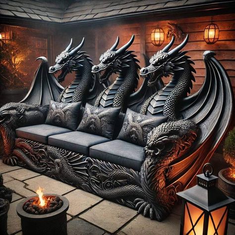 Dragon Tables, Dragon Painted Furniture, Dragon Coffee Table, Dragon Furniture Decor, Dragon Bed Frame, Dark Nursery, Gothic Decor Bedroom, Dream House Living Room, Cool Room Designs