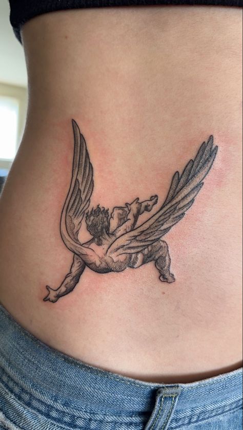 Angel Lovers Tattoo, Angel Tattoo For Women Back, Fallen Tattoo Angel, Renassaince Tattoo, Small Fallen Angel Tattoo, Full Back Wing Tattoo, Angel Shoulder Tattoos For Women, Seraph Angel Tattoo, Chest And Collar Bone Tattoos